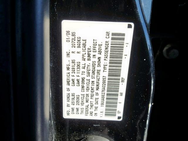 19UUA66276A026657 - 2006 ACURA 3.2TL BLACK photo 10