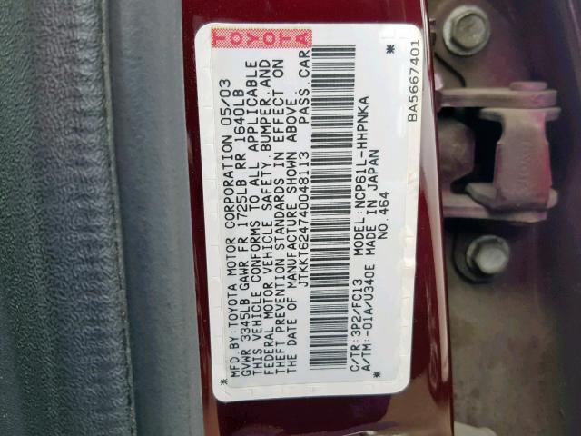 JTKKT624740048113 - 2004 TOYOTA SCION XA BURGUNDY photo 10