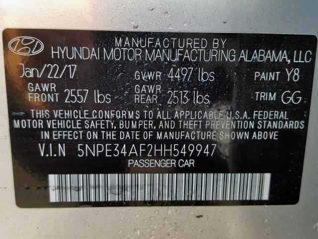 5NPE34AF2HH549947 - 2017 HYUNDAI SONATA SPO SILVER photo 10