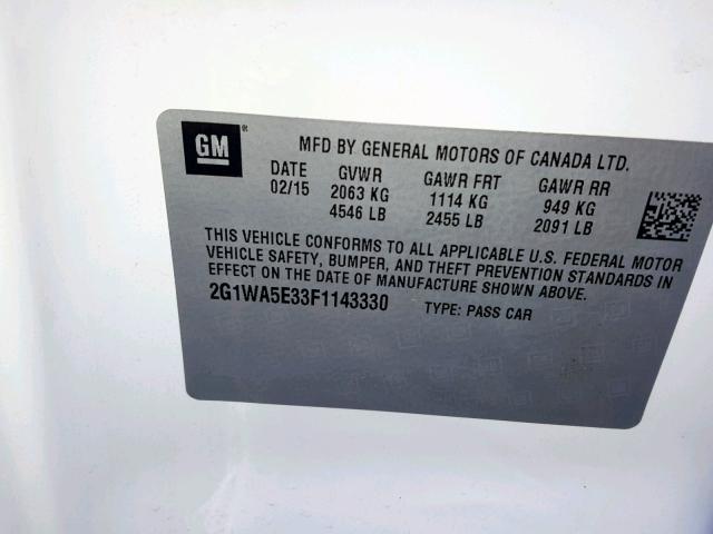 2G1WA5E33F1143330 - 2015 CHEVROLET IMPALA LIM WHITE photo 10