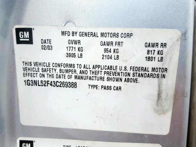 1G3NL52F43C269388 - 2003 OLDSMOBILE ALERO GL SILVER photo 10