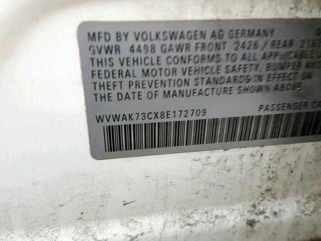 WVWAK73CX8E172709 - 2008 VOLKSWAGEN PASSAT KOM WHITE photo 10