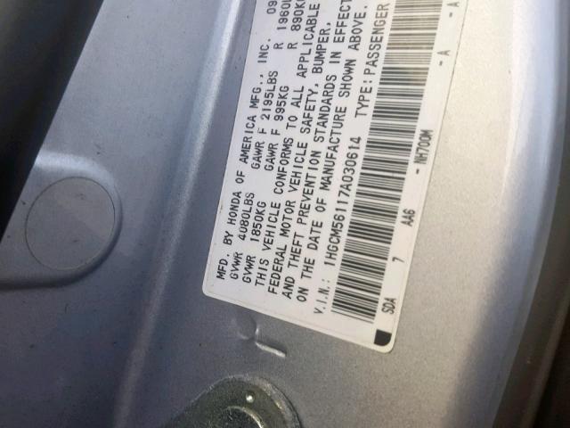 1HGCM56117A030614 - 2007 HONDA ACCORD VAL GRAY photo 10