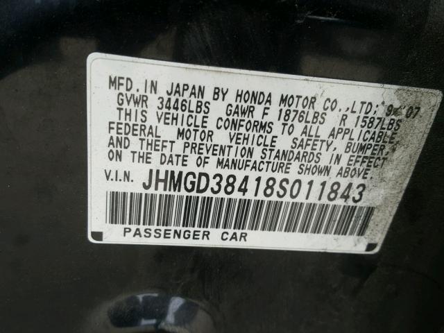 JHMGD38418S011843 - 2008 HONDA FIT BLACK photo 10