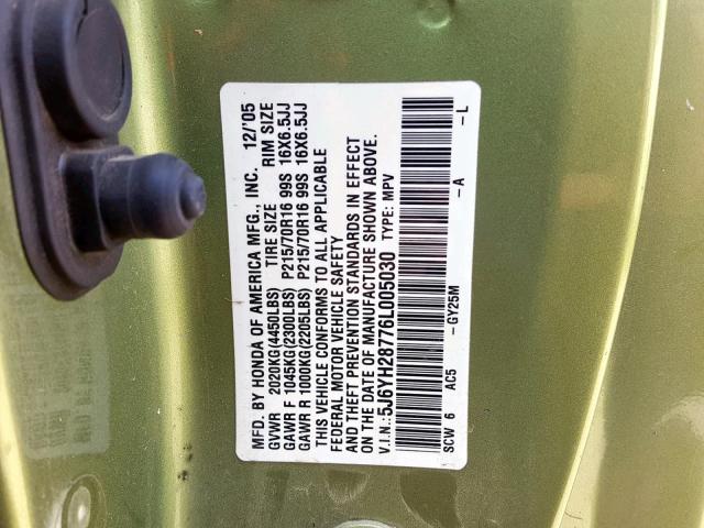 5J6YH28776L005030 - 2006 HONDA ELEMENT EX GREEN photo 10