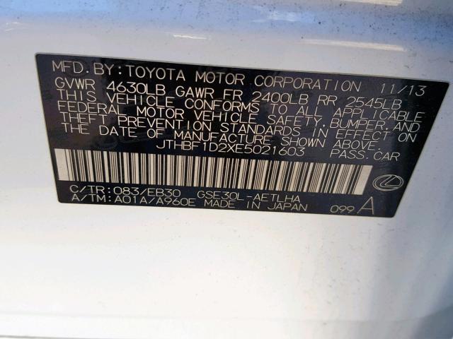 JTHBF1D2XE5021603 - 2014 LEXUS IS 250 WHITE photo 10