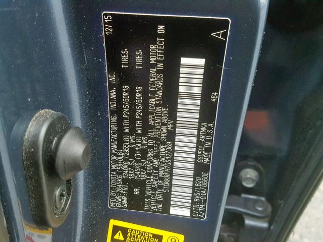 5TDKKRFH7GS127369 - 2016 TOYOTA HIGHLANDER ლურჯი ფოტო 10