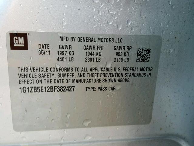 1G1ZB5E12BF382427 - 2011 CHEVROLET MALIBU LS ვერცხლისფერი ფოტო 10