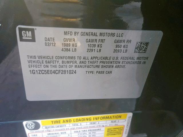 1G1ZC5E04CF281024 - 2012 CHEVROLET MALIBU 1LT 黑色 照片 10