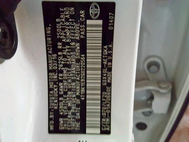 4T1BK1EB2GU220564 - 2016 TOYOTA AVALON XLE 白色 照片 10