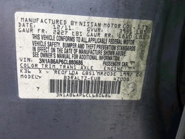 3N1AB6AP6CL680686 - 2012 NISSAN SENTRA 2.0 GRAY photo 10