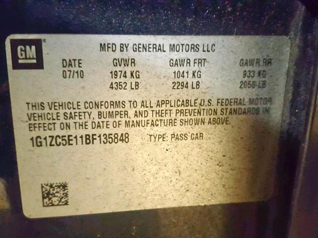 1G1ZC5E11BF135848 - 2011 CHEVROLET MALIBU 1LT BLUE photo 10