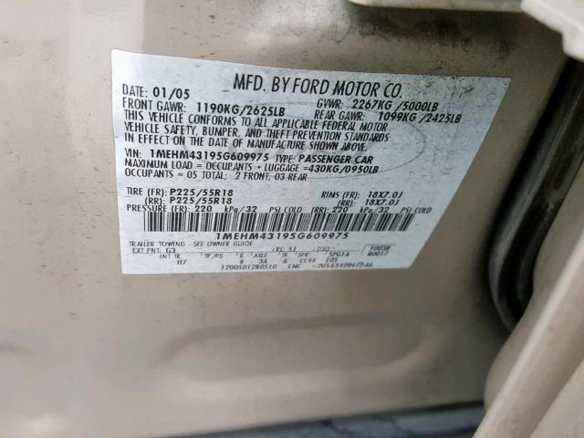 1MEHM43195G609975 - 2005 MERCURY MONTEGO PR TAN photo 10