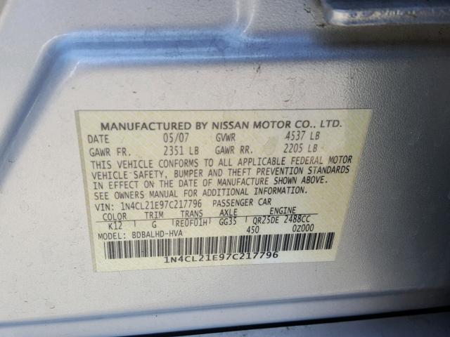 1N4CL21E97C217796 - 2007 NISSAN ALTIMA HYB GRAY photo 10