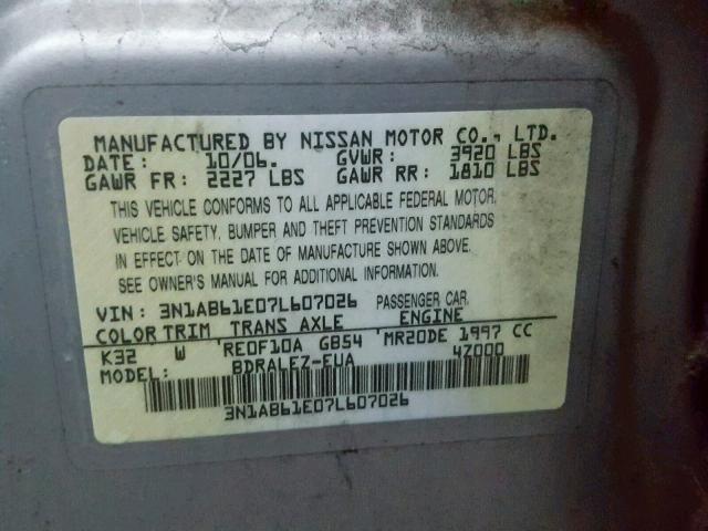 3N1AB61E07L607026 - 2007 NISSAN SENTRA 2.0 GOLD photo 10