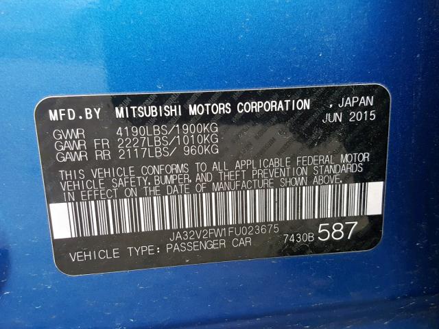 JA32V2FW1FU023675 - 2015 MITSUBISHI LANCER SE BLUE photo 10