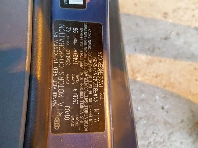 KNAFB121435276539 - 2003 KIA SPECTRA BA BLUE photo 10