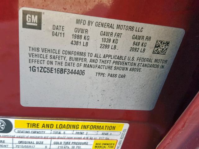 1G1ZC5E16BF344406 - 2011 CHEVROLET MALIBU 1LT RED photo 10