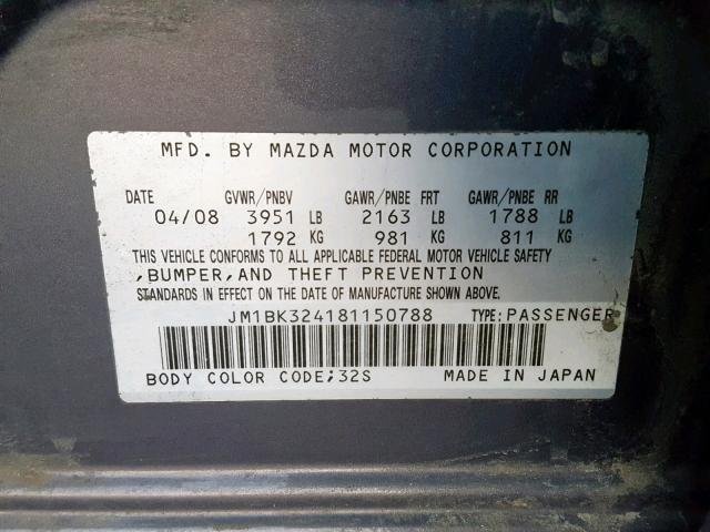 JM1BK324181150788 - 2008 MAZDA 3 S GRAY photo 10