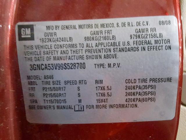 3GNCA53V99S528700 - 2009 CHEVROLET HHR LT RED photo 10