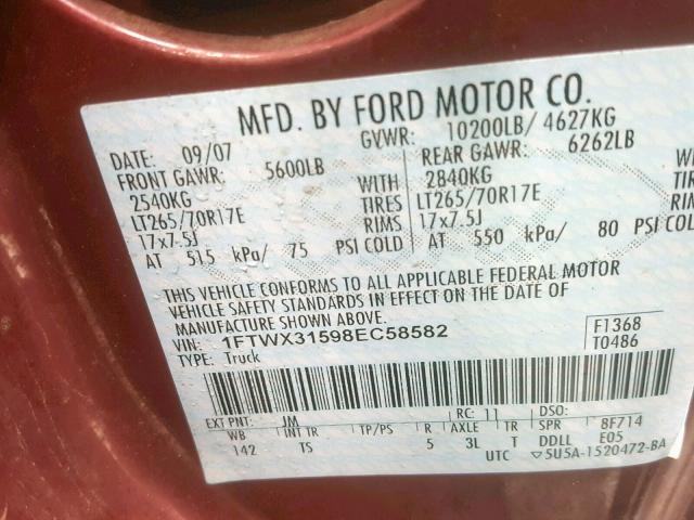 1FTWX31598EC58582 - 2008 FORD F350 SRW S MAROON photo 10