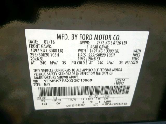 1FM5K7F8XGGC13668 - 2016 FORD EXPLORER L BLACK photo 10