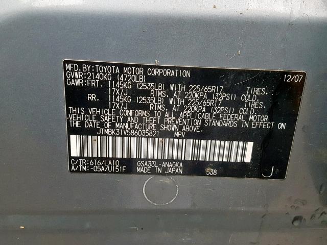 JTMBK31V586035821 - 2008 TOYOTA RAV4 LIMIT GRAY photo 10