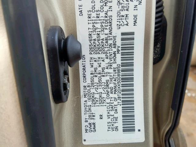 JTJBT20XX50089850 - 2005 LEXUS GX 470 TAN photo 10