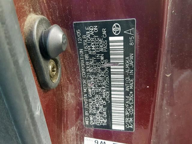 JTKDE177260109198 - 2006 TOYOTA SCION TC Bordo foto 10