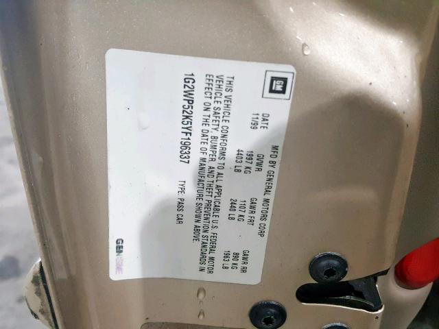 1G2WP52K5YF196337 - 2000 PONTIAC GRAND PRIX GOLD photo 10