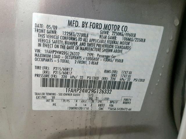 1FAHP24W29G126332 - 2009 FORD TAURUS SEL SILVER photo 10