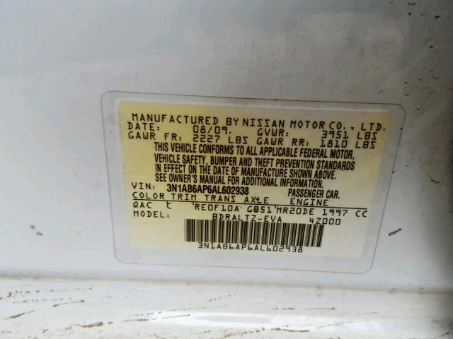 3N1AB6AP6AL602938 - 2010 NISSAN SENTRA 2.0 WHITE photo 10