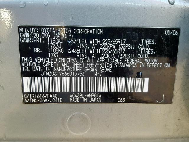 JTMZD31V666013753 - 2006 TOYOTA RAV4 LIMIT SILVER photo 10