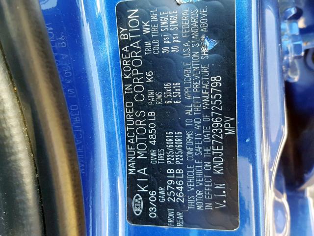 KNDJE723967255798 - 2006 KIA NEW SPORTA BLUE photo 10