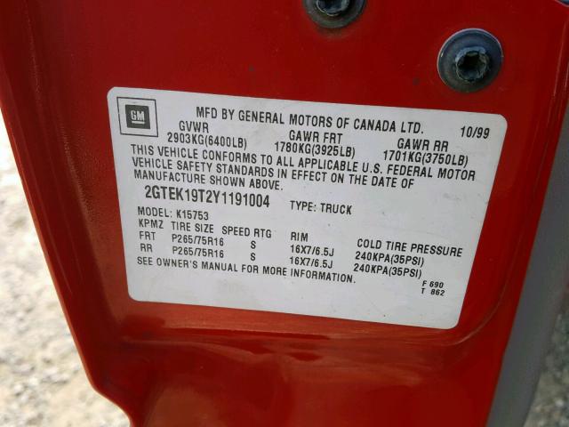 2GTEK19T2Y1191004 - 2000 GMC NEW SIERRA RED photo 10