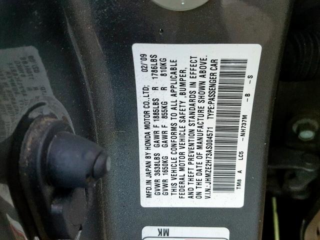 JHMZE2H73AS004571 - 2010 HONDA INSIGHT EX GRAY photo 10