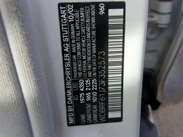 WDBRF61J73F352573 - 2003 MERCEDES-BENZ C 240 WHITE photo 10