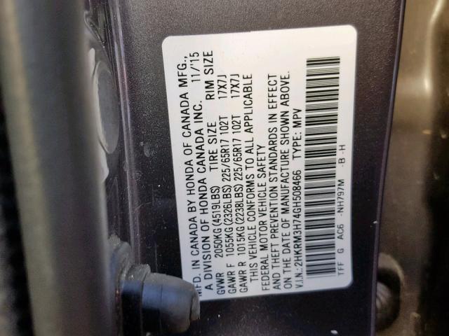 2HKRM3H74GH508466 - 2016 HONDA CR-V EXL CHARCOAL photo 10