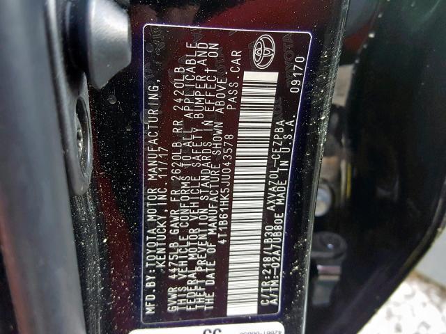 4T1B61HK5JU043578 - 2018 TOYOTA CAMRY XSE BLACK photo 10