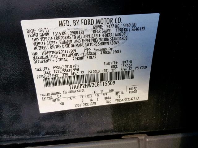 1FAHP2HW2CG115509 - 2012 FORD TAURUS SEL BLACK photo 10