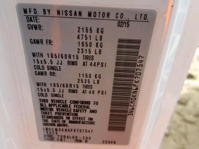 3N6CM0KN6FK707547 - 2015 NISSAN NV 200SV WHITE photo 10