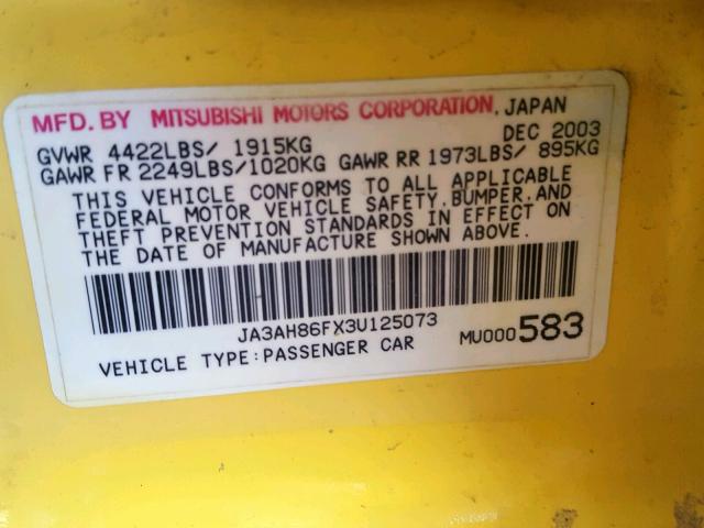 JA3AH86FX3U125073 - 2003 MITSUBISHI LANCER EVO YELLOW photo 10