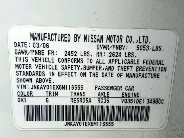 JNKAY01EX6M116555 - 2006 INFINITI M35 BASE WHITE photo 10