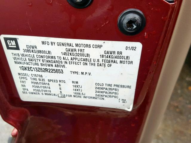 1GKEC13Z62R225653 - 2002 GMC YUKON MAROON photo 10