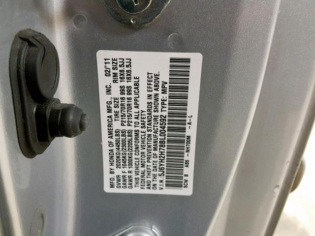 5J6YH2H78BL004592 - 2011 HONDA ELEMENT EX SILVER photo 10