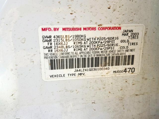 JA4LZ41G03U100340 - 2003 MITSUBISHI OUTLANDER WHITE photo 10