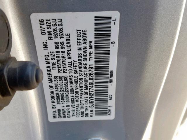 5J6YH27746L026791 - 2006 HONDA ELEMENT EX SILVER photo 10