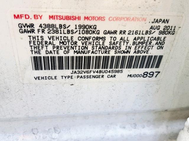 JA32V6FV4BU045985 - 2011 MITSUBISHI LANCER RAL WHITE photo 10