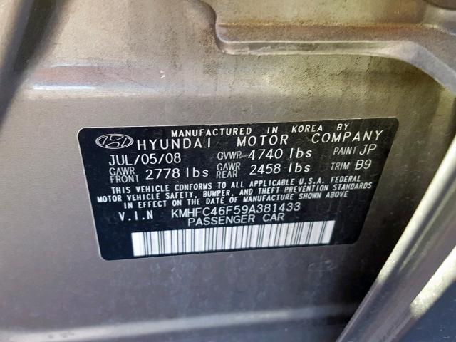 KMHFC46F59A381433 - 2009 HYUNDAI AZERA SE GRAY photo 10