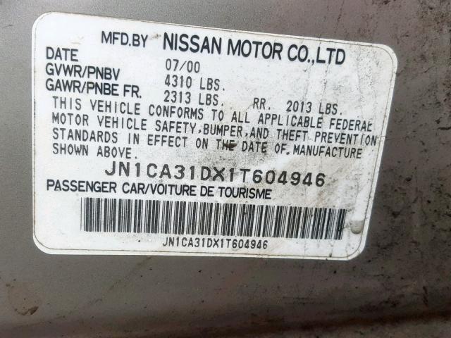 JN1CA31DX1T604946 - 2001 NISSAN MAXIMA GXE GRAY photo 10